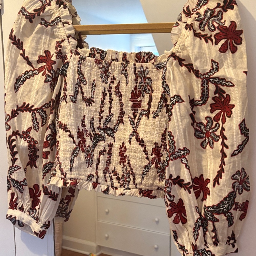 Joie Cream and Red Embroidered Blouse
